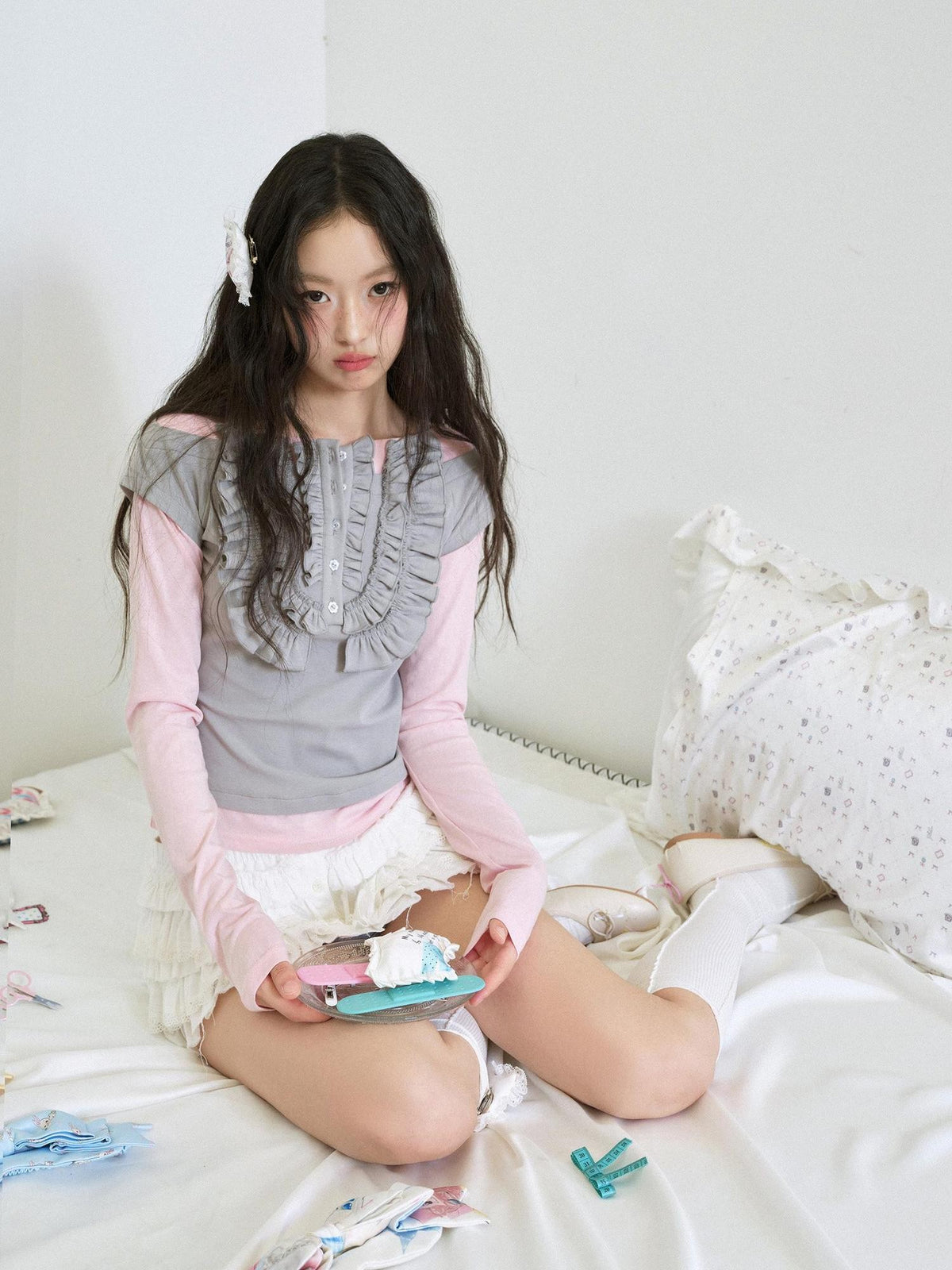 No nuts Two Tone Color Block Lace Trim Slimming Knit Women's Cotton Long Sleeve T-shirts