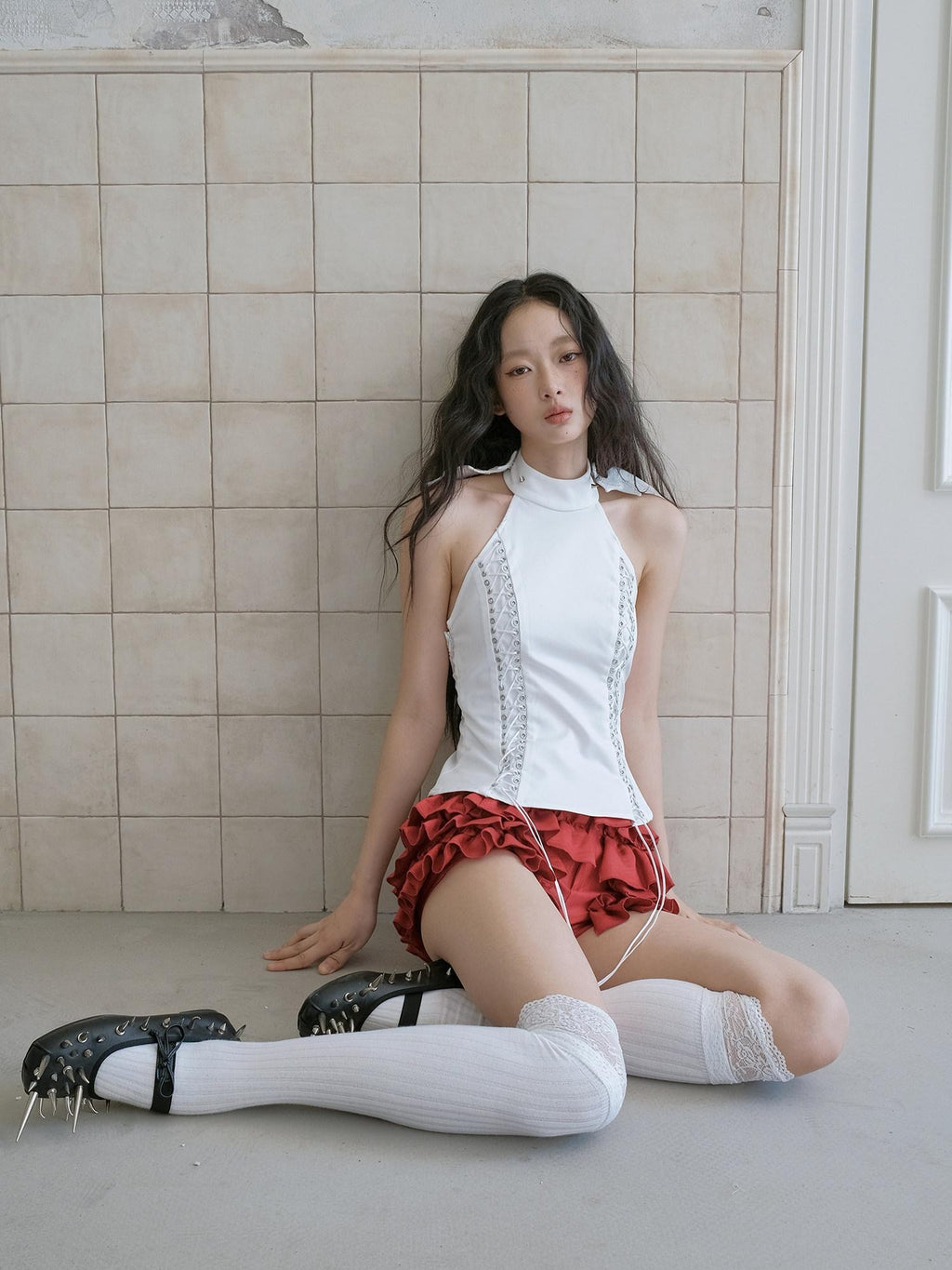 No nuts Two Tone Ruffle Ruched Low Rise Pocketed Slim Women's Cotton Linen Hot Pants