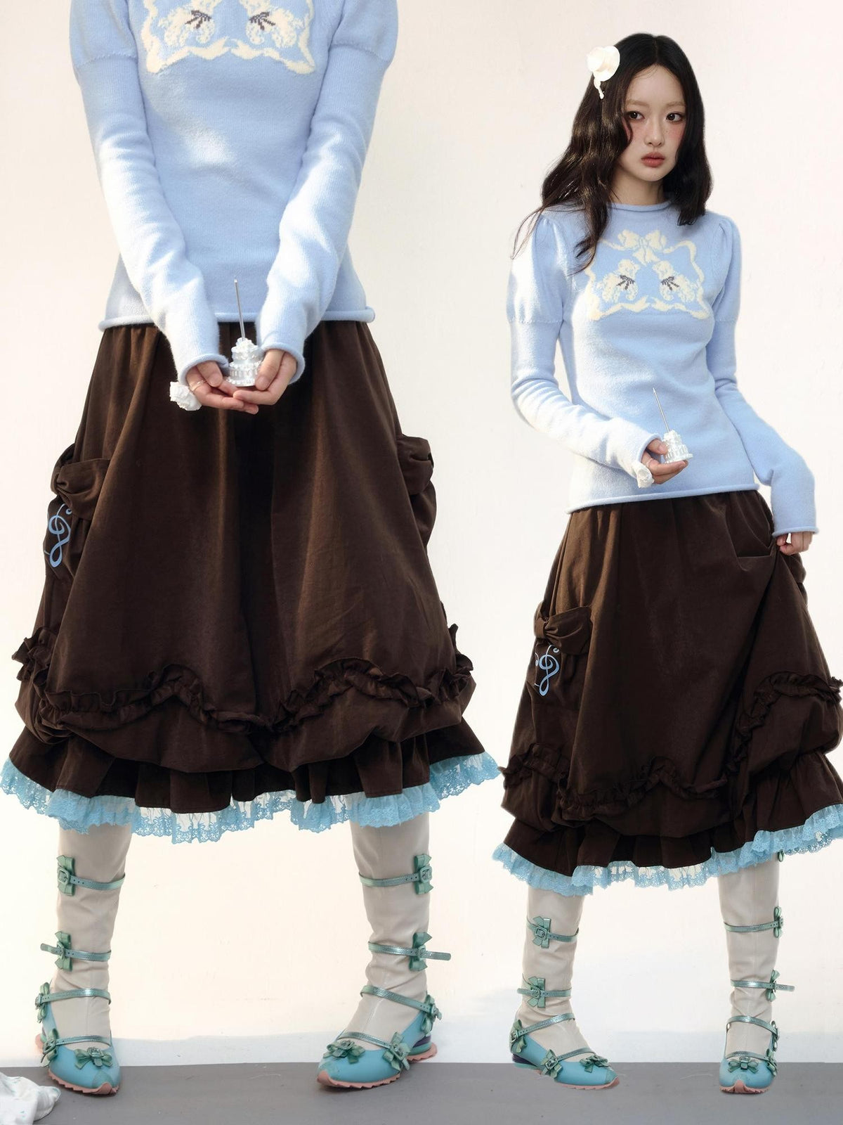 No nuts Vintage Color Block Lace Trim Brown Floral A Line High Waist Women's Cotton Midi Skirts