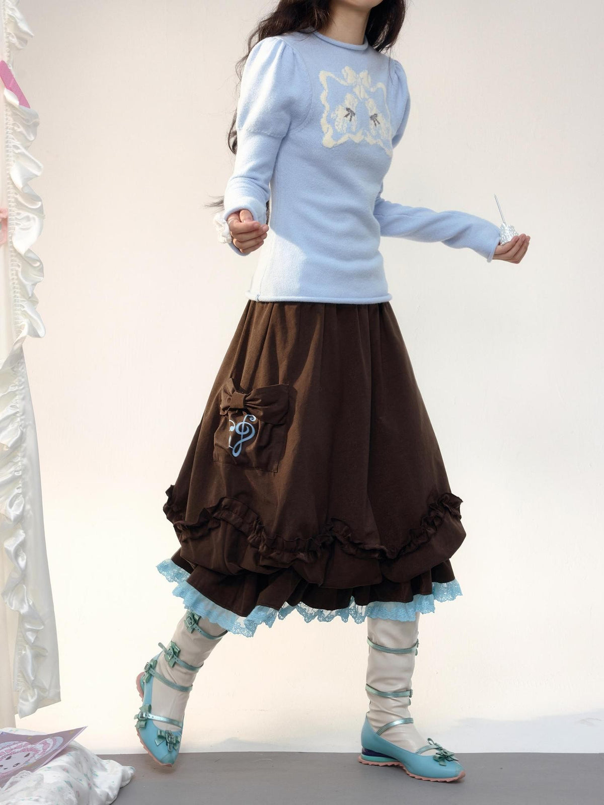 No nuts Vintage Color Block Lace Trim Brown Floral A Line High Waist Women's Cotton Midi Skirts