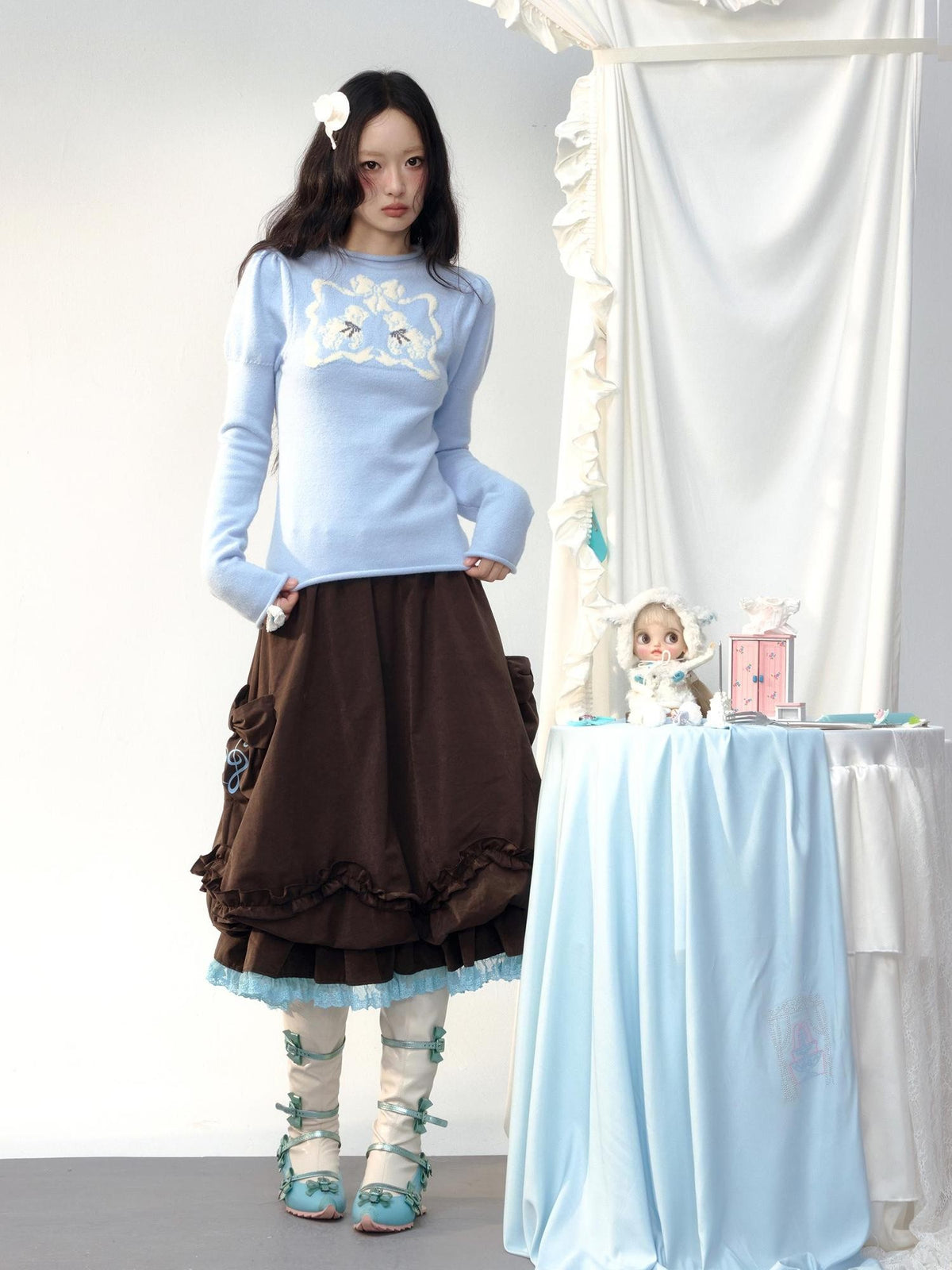 No nuts Vintage Color Block Lace Trim Brown Floral A Line High Waist Women's Cotton Midi Skirts