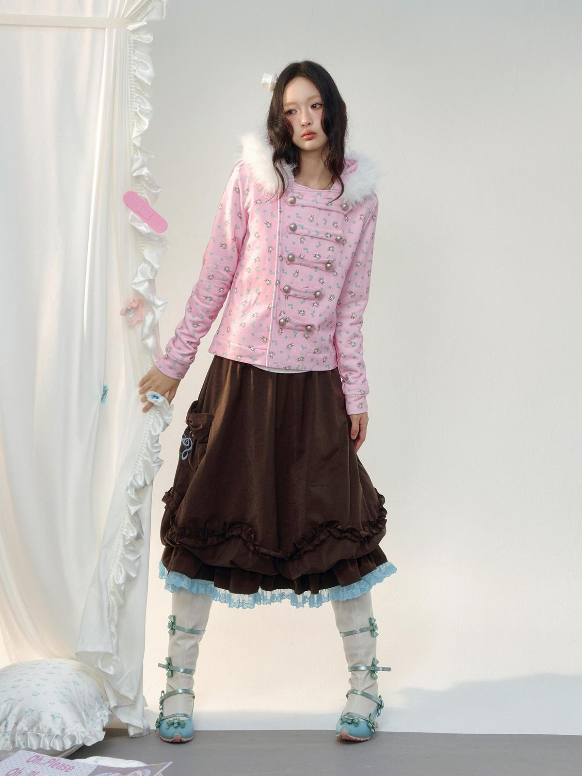 No nuts Vintage Color Block Lace Trim Brown Floral A Line High Waist Women's Cotton Midi Skirts