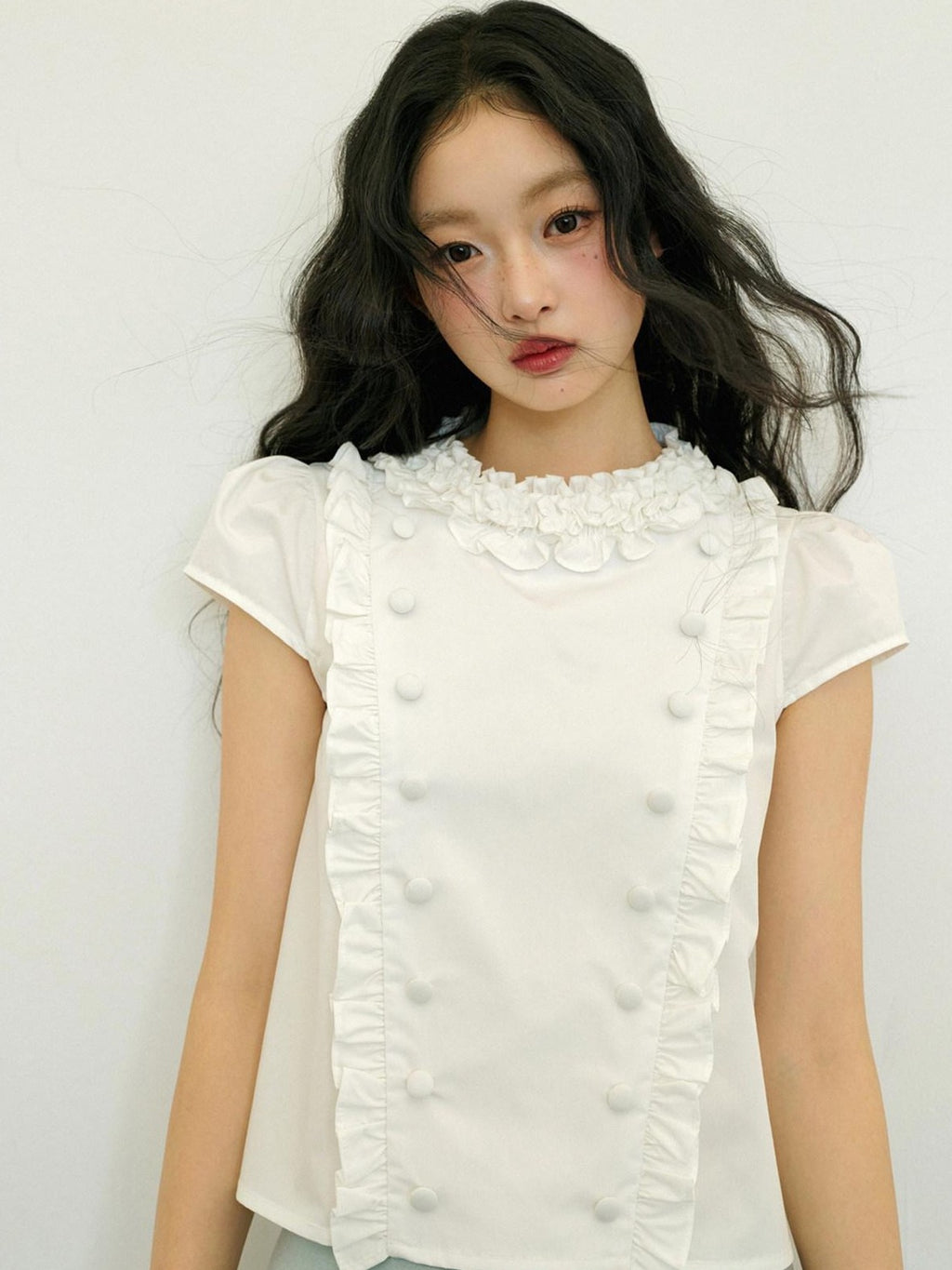 No nuts White Lace Double Breasted Petal Collar Women's Cotton Puff-sleeve Blouses