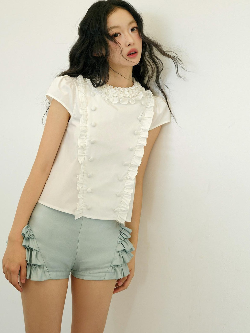 No nuts White Lace Double Breasted Petal Collar Women's Cotton Puff-sleeve Blouses