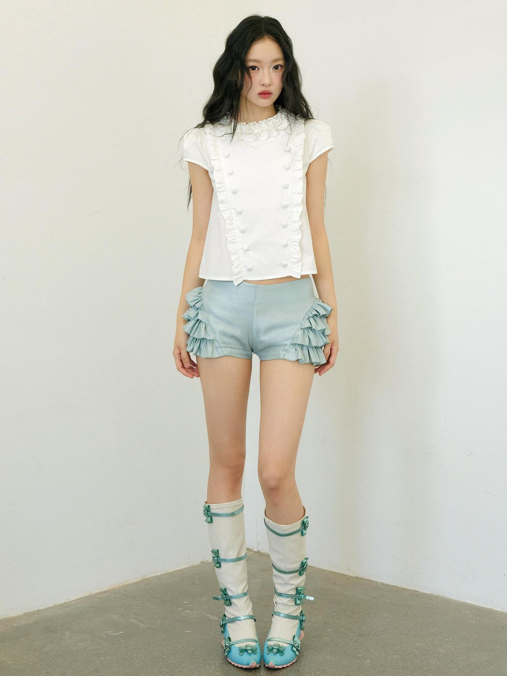 No nuts White Lace Double Breasted Petal Collar Women's Cotton Puff-sleeve Blouses