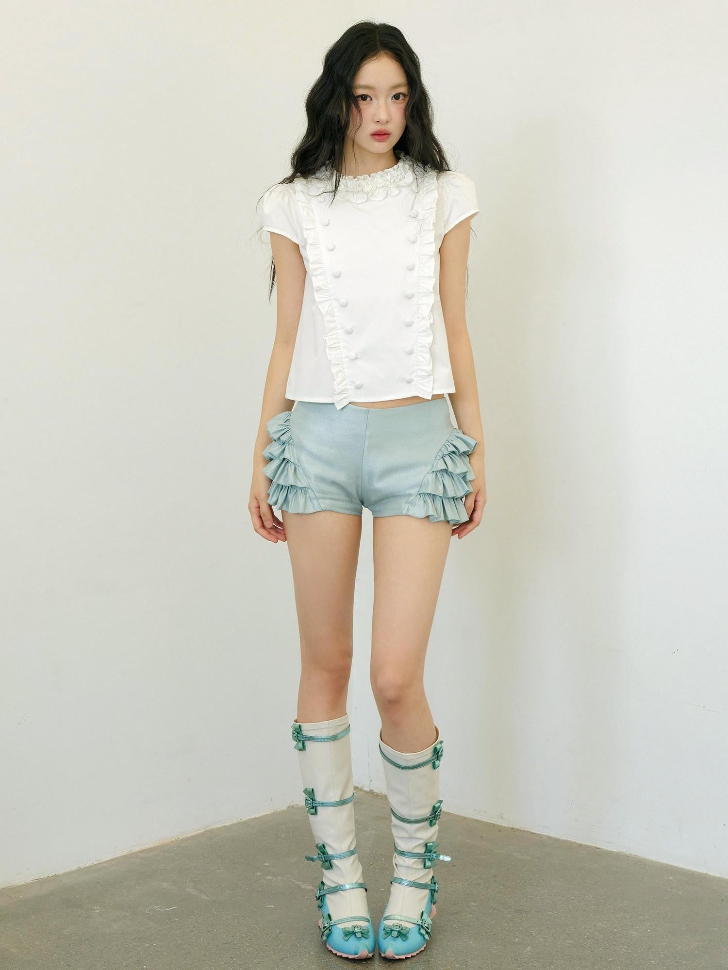 No nuts White Lace Double Breasted Petal Collar Women's Cotton Puff-sleeve Blouses