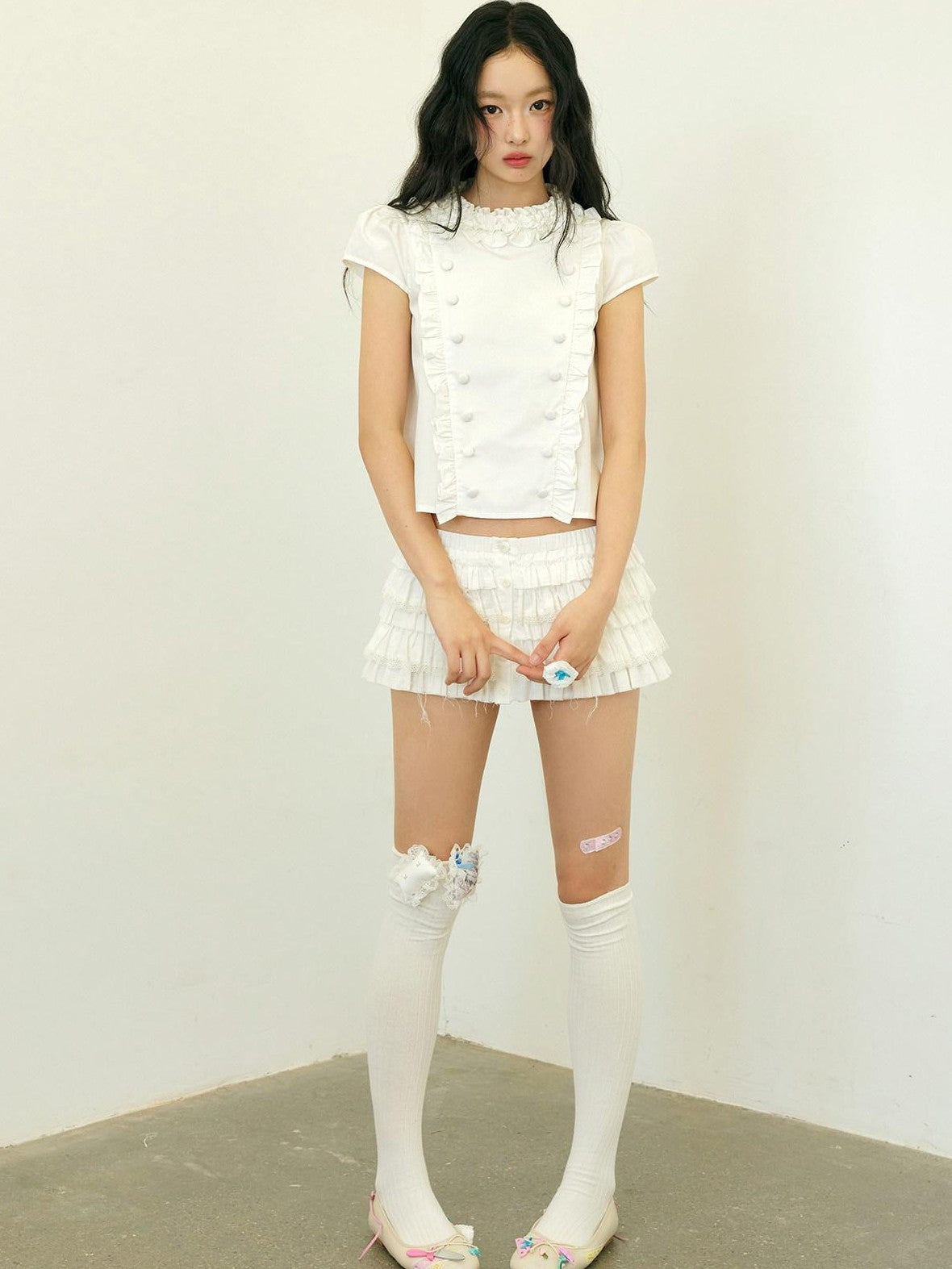 No nuts White Lace Double Breasted Petal Collar Women's Cotton Puff-sleeve Blouses