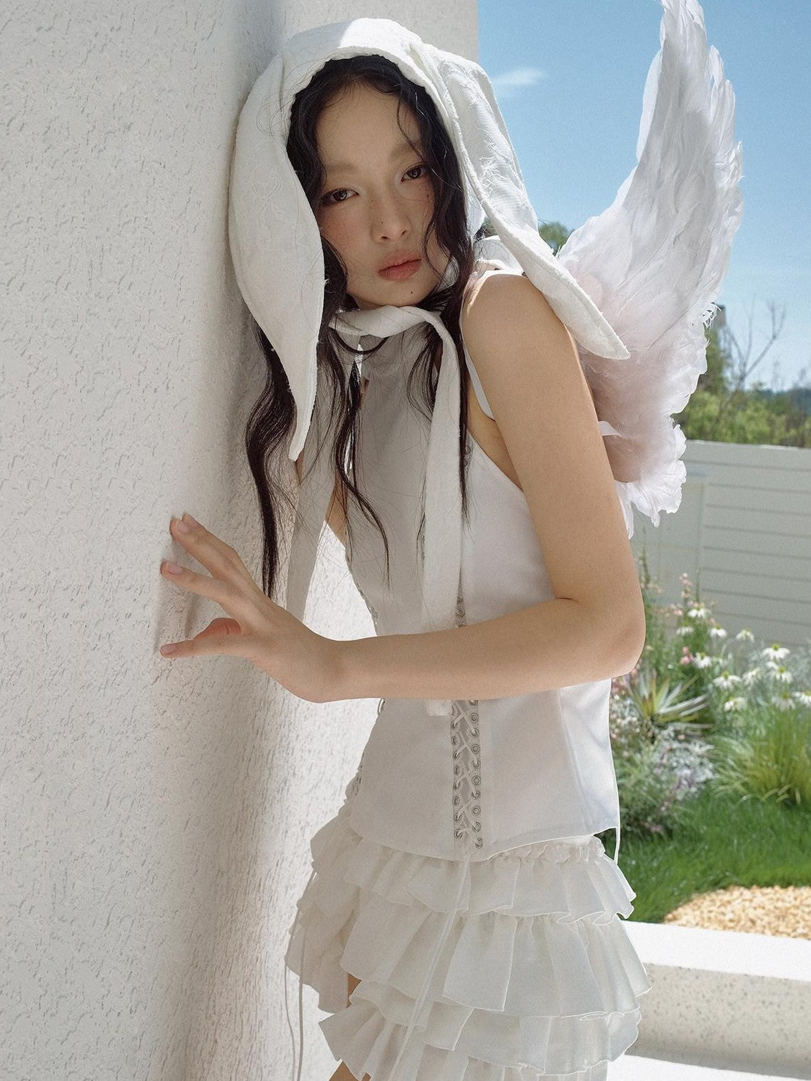 No nuts White Rabbit Ear Satin Lace Splice Tie Foldable Women's Cotton Hats