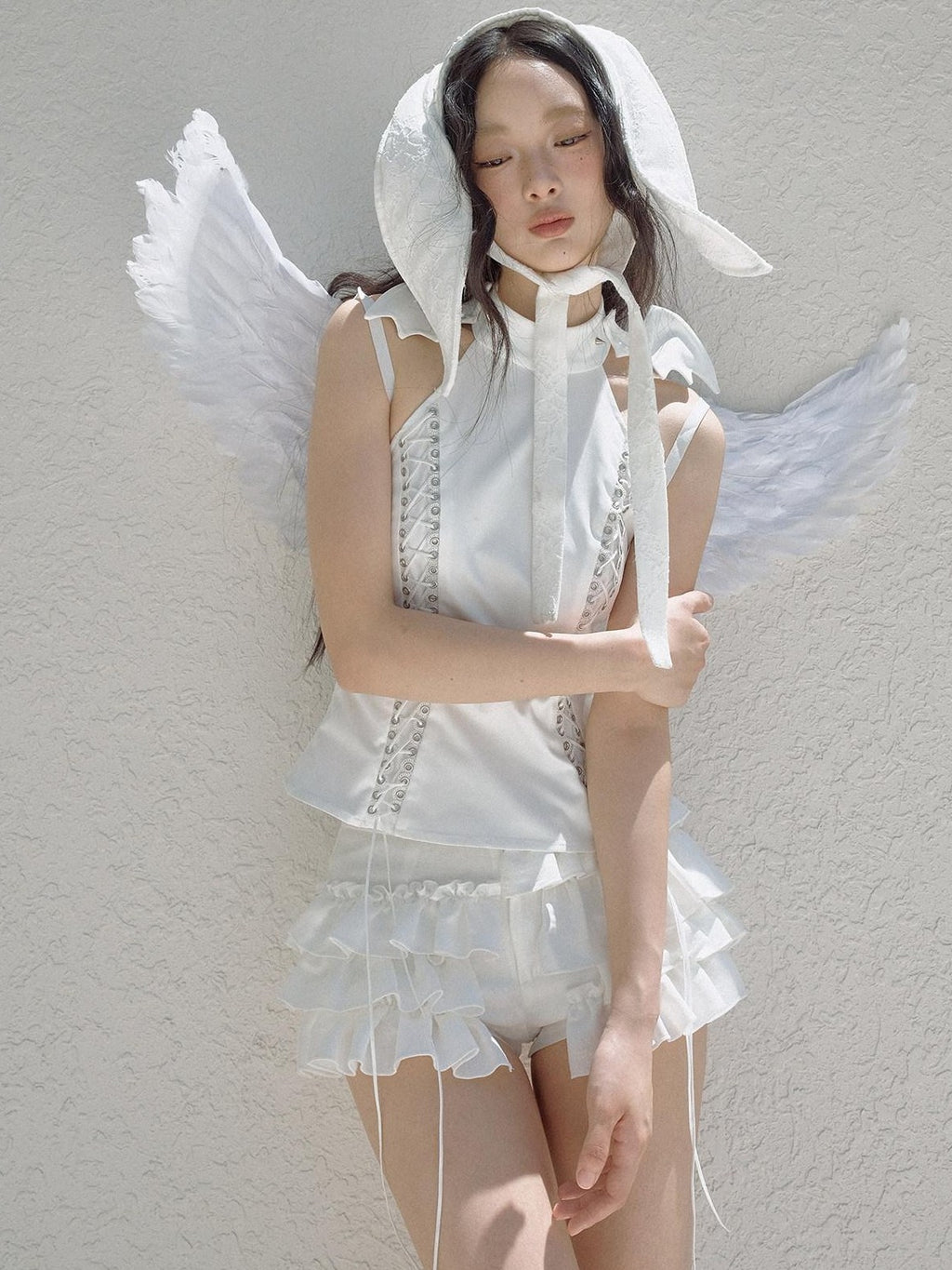 No nuts White Rabbit Ear Satin Lace Splice Tie Foldable Women's Cotton Hats