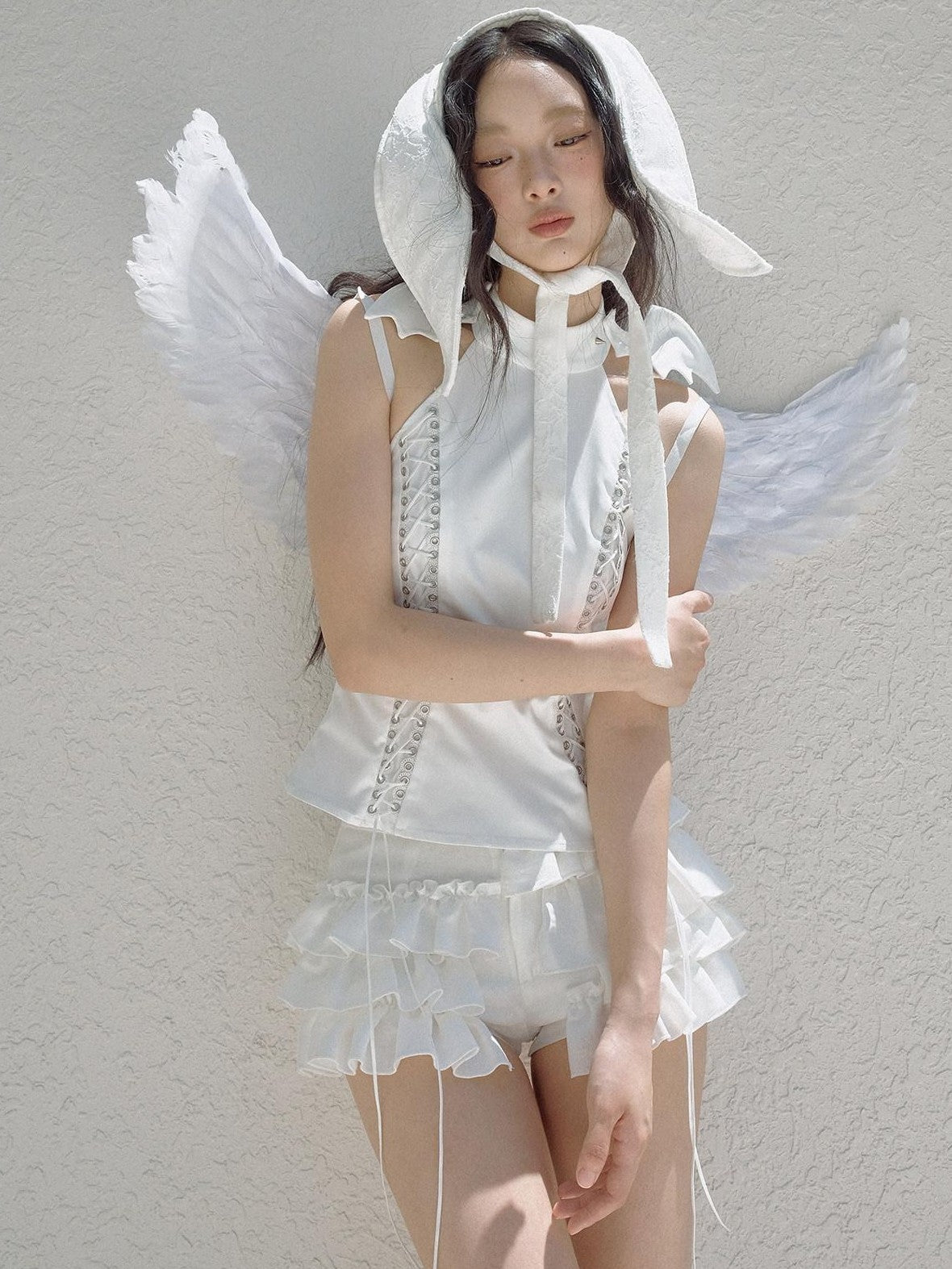 No nuts White Rabbit Ear Satin Lace Splice Tie Foldable Women's Cotton Hats