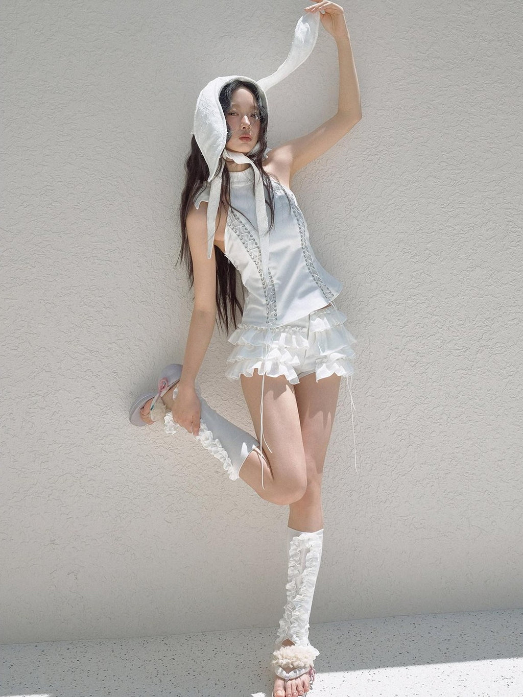 No nuts White Rabbit Ear Satin Lace Splice Tie Foldable Women's Cotton Hats
