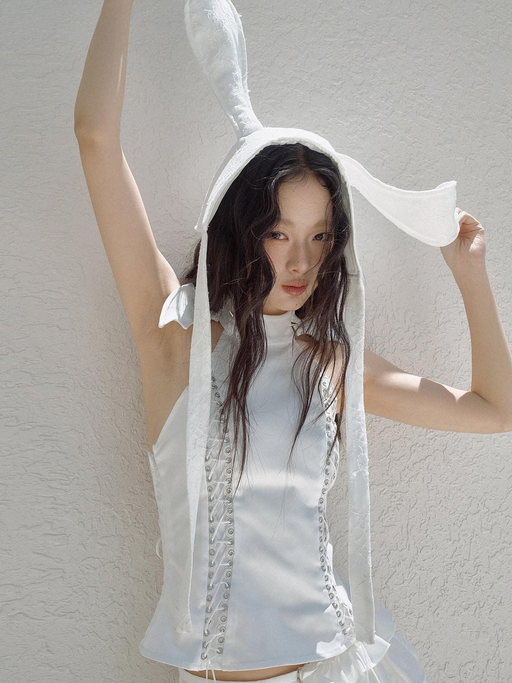 No nuts White Rabbit Ear Satin Lace Splice Tie Foldable Women's Cotton Hats