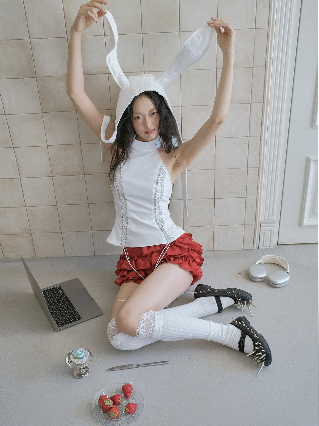 No nuts White Rabbit Ear Satin Lace Splice Tie Foldable Women's Cotton Hats