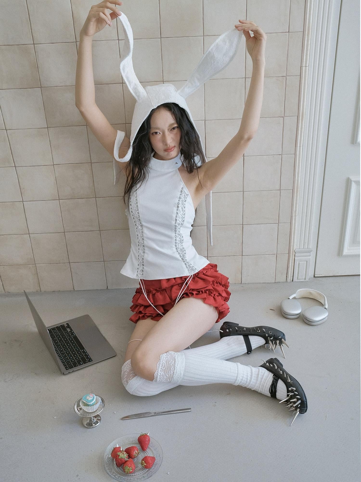 No nuts White Rabbit Ear Satin Lace Splice Tie Foldable Women's Cotton Hats