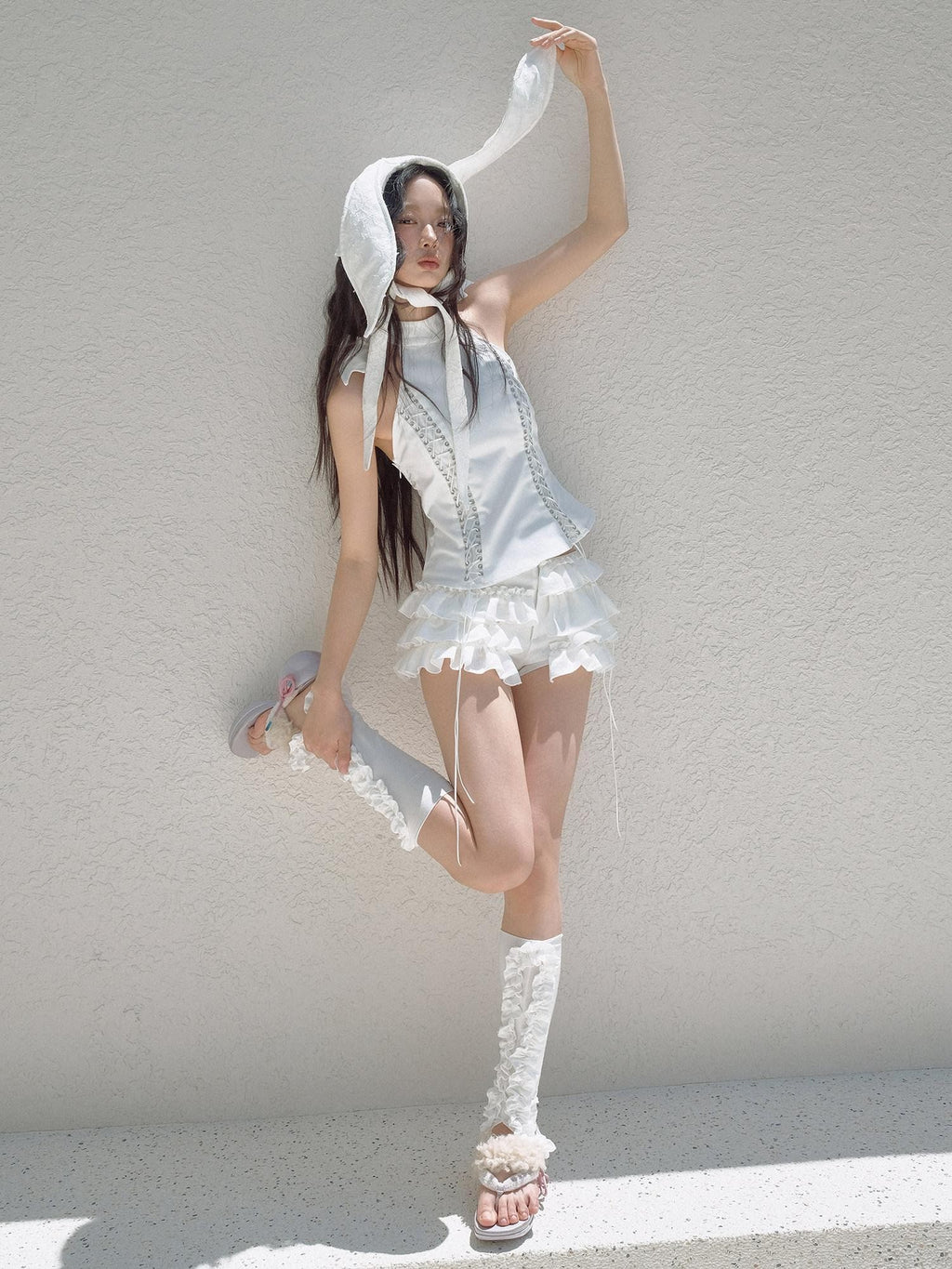 No nuts White Rabbit Ear Satin Lace Splice Tie Foldable Women's Cotton Hats