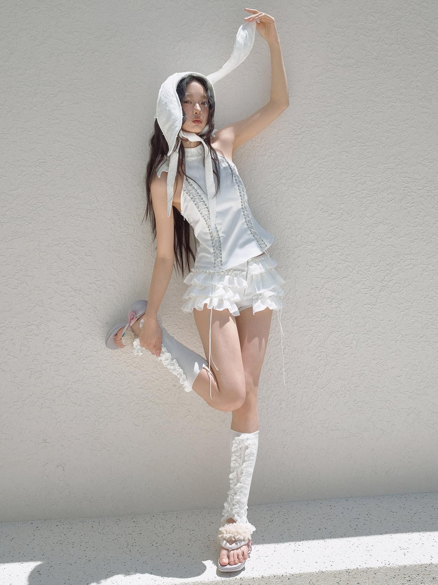 No nuts White Rabbit Ear Satin Lace Splice Tie Foldable Women's Cotton Hats