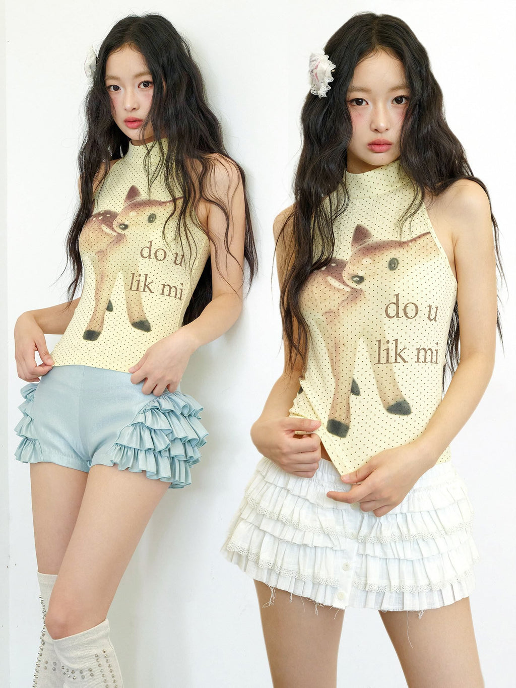 No_nuts_Yellow_Polka_Dot_Deer_Print_Tie_Back_Slim_Fit_Women's_Cotton_Spandex_Halter_Tops_1050956260737_MISSTT