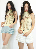 No_nuts_Yellow_Polka_Dot_Deer_Print_Tie_Back_Slim_Fit_Women's_Cotton_Spandex_Halter_Tops_1050956260737_MISSTT