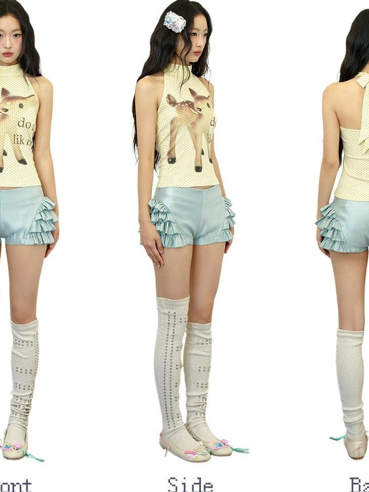No nuts Yellow Polka Dot Deer Print Tie Back Slim Fit Women's Cotton Spandex Halter Tops