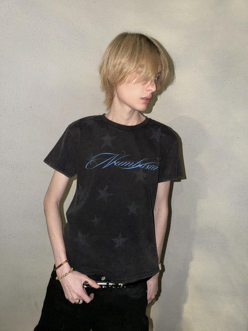 NumbAsia All Over Star Print Distressed Washed Loose Women's Cotton Short Sleeve T-shirts