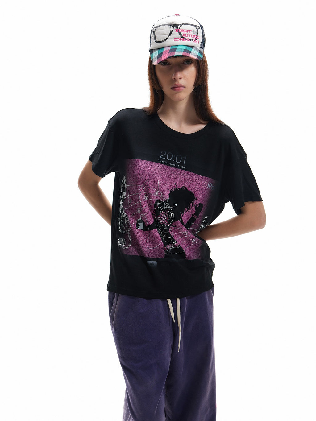 NumbAsia Apple Lockscreen Print Musical Notes Rhinestone Women's Short Sleeve T-shirts