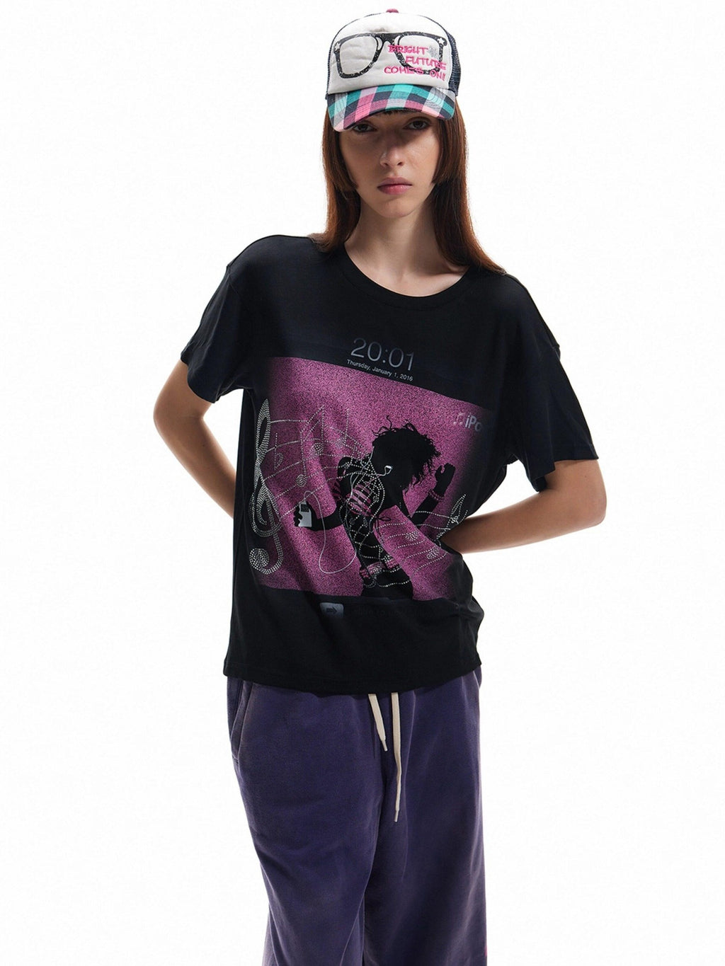 NumbAsia Apple Lockscreen Print Musical Notes Rhinestone Women's Short Sleeve T-shirts