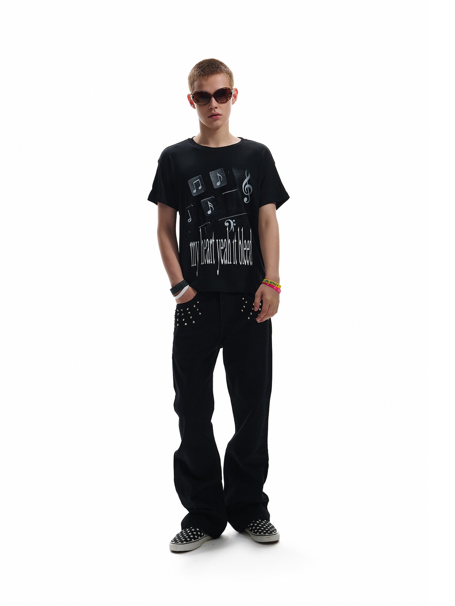 NumbAsia Black Emotion Slogan Musical Note Print Street Women's Short Sleeve T-shirts