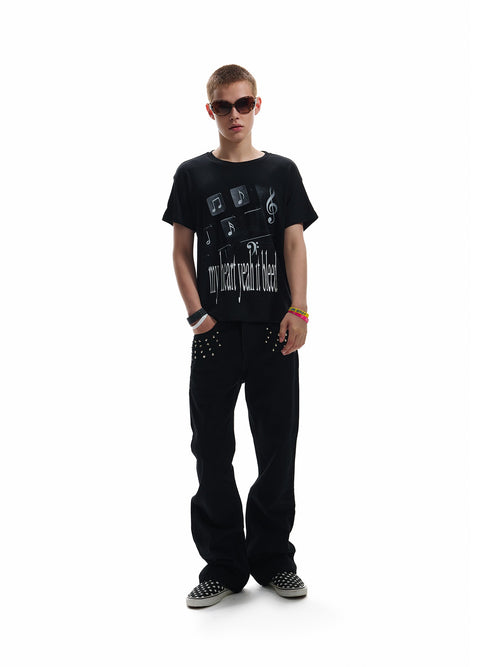 NumbAsia Black Emotion Slogan Musical Note Print Street Women's Short Sleeve T-shirts