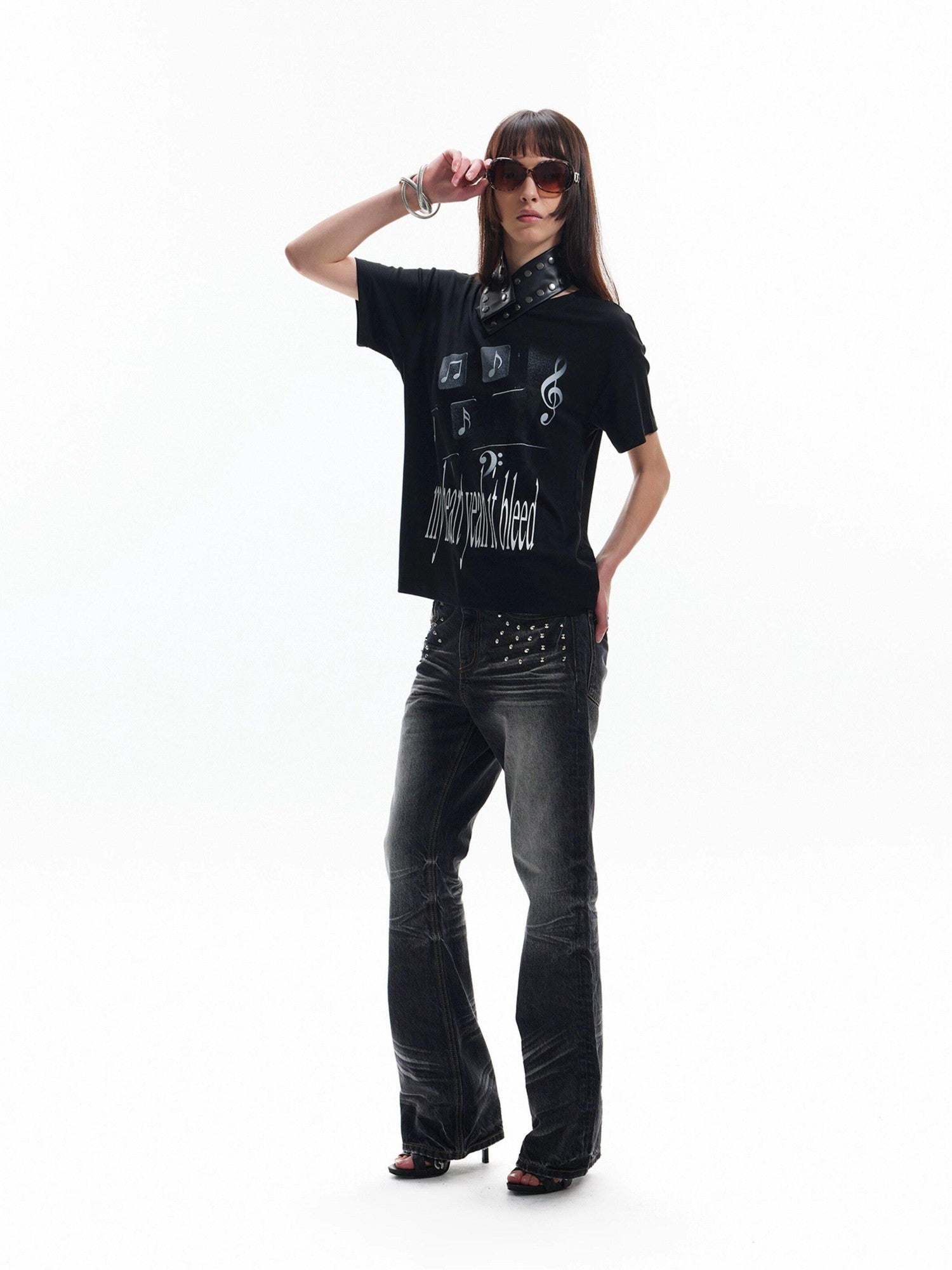 NumbAsia Black Emotion Slogan Musical Note Print Street Women's Short Sleeve T-shirts