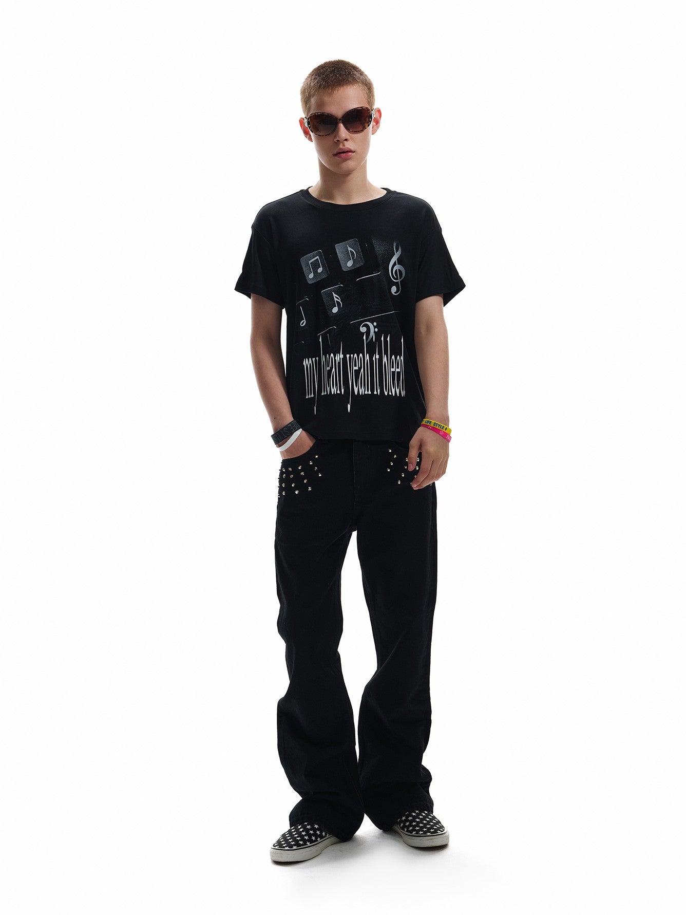 NumbAsia Black Emotion Slogan Musical Note Print Street Women's Short Sleeve T-shirts