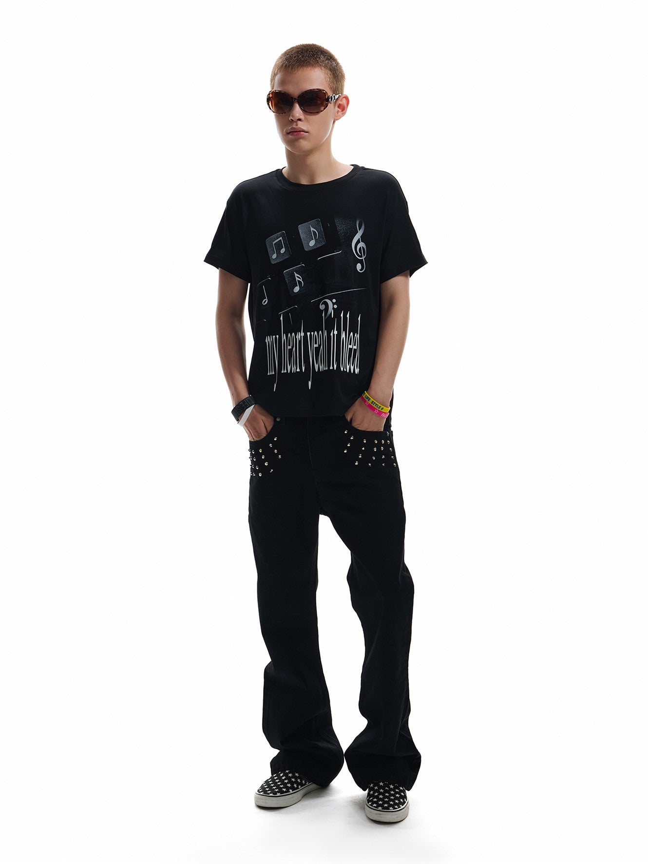 NumbAsia Black Emotion Slogan Musical Note Print Street Women's Short Sleeve T-shirts