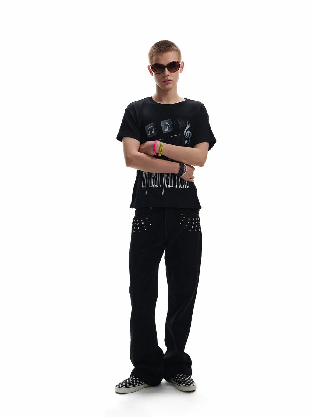 NumbAsia Black Emotion Slogan Musical Note Print Street Women's Short Sleeve T-shirts