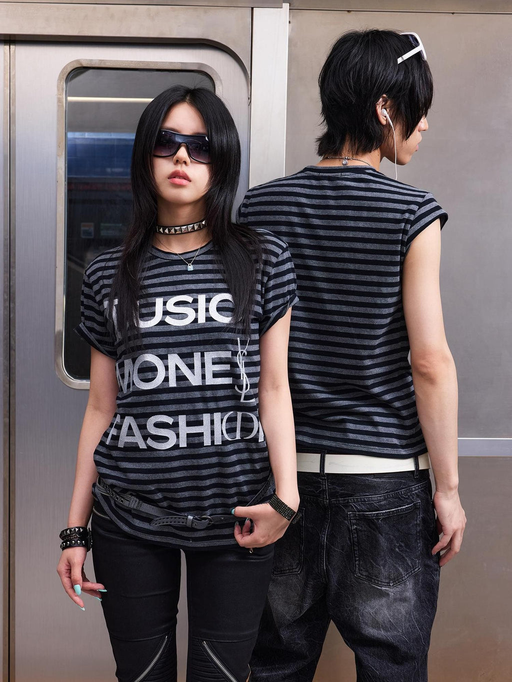 NumbAsia Black Gray Striped Glitter Print Slim Fit Street Women's Cotton Short Sleeve T-shirts