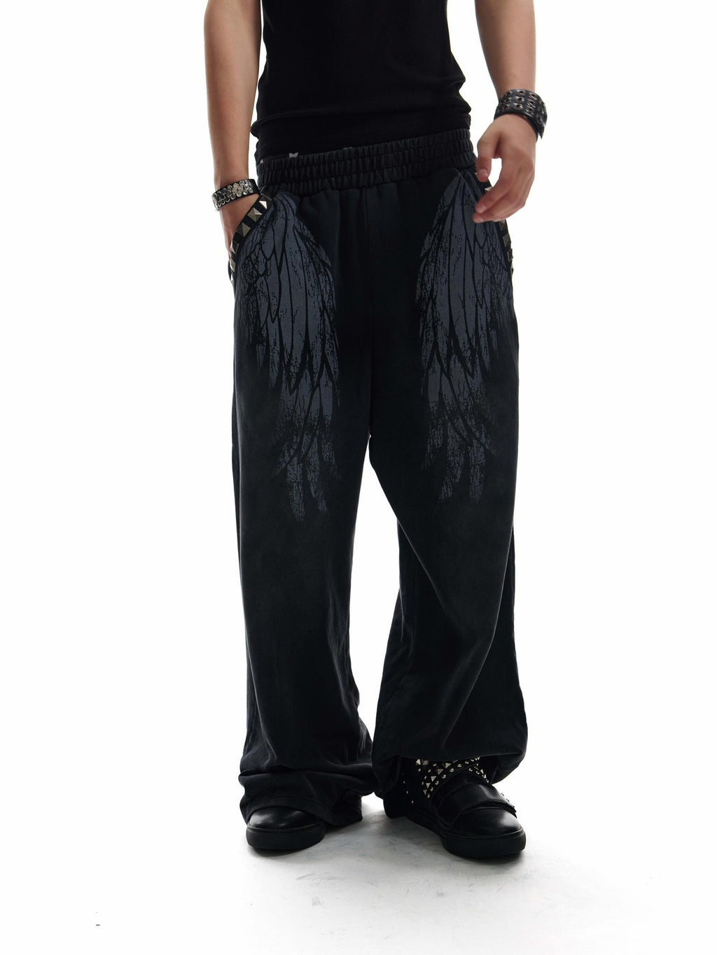 NumbAsia Broken Wings Wing Print Studded Washed Distressed Women's Cotton Sweatpants