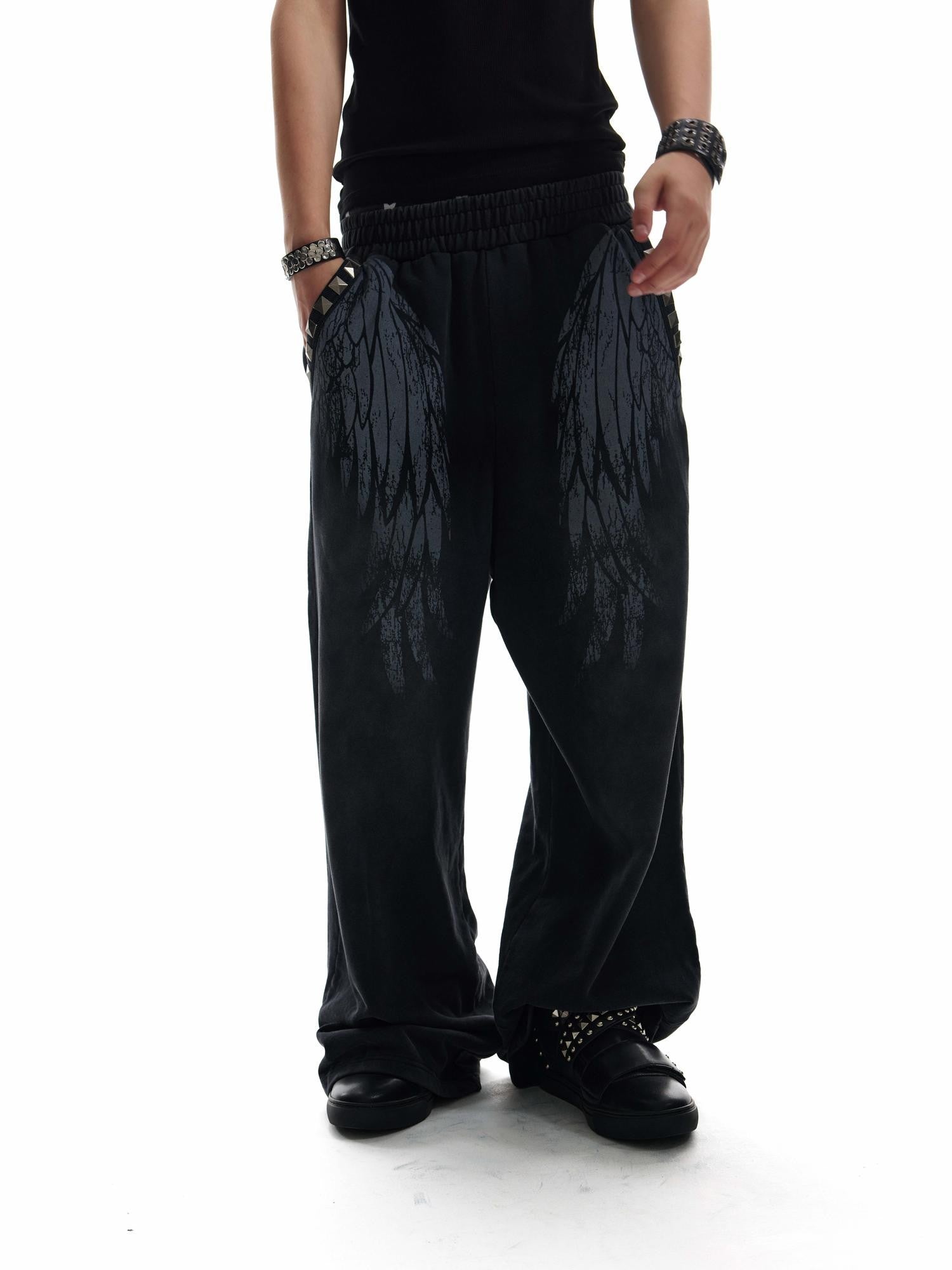 NumbAsia Broken Wings Wing Print Studded Washed Distressed Women's Cotton Sweatpants