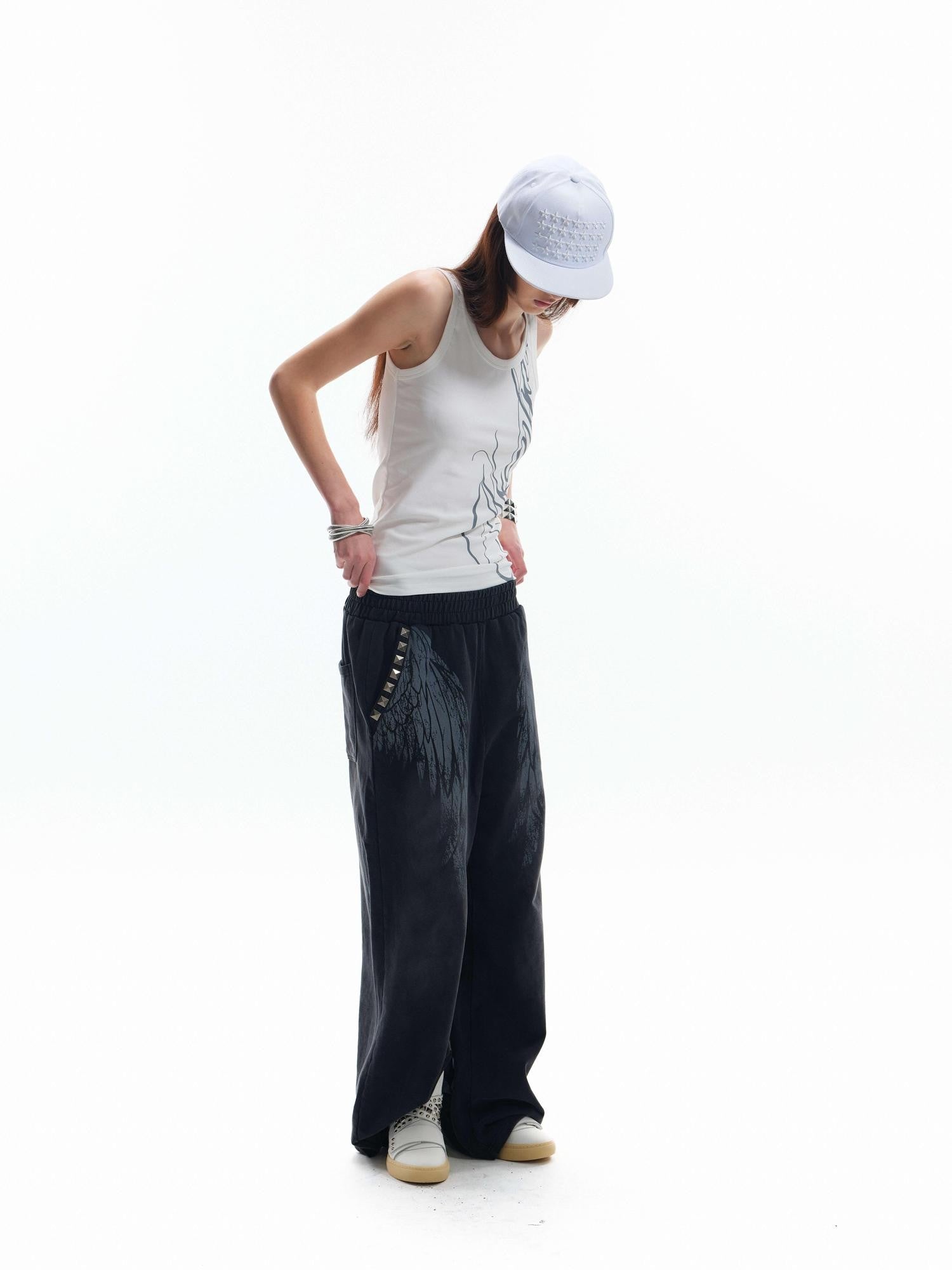 NumbAsia Broken Wings Wing Print Studded Washed Distressed Women's Cotton Sweatpants