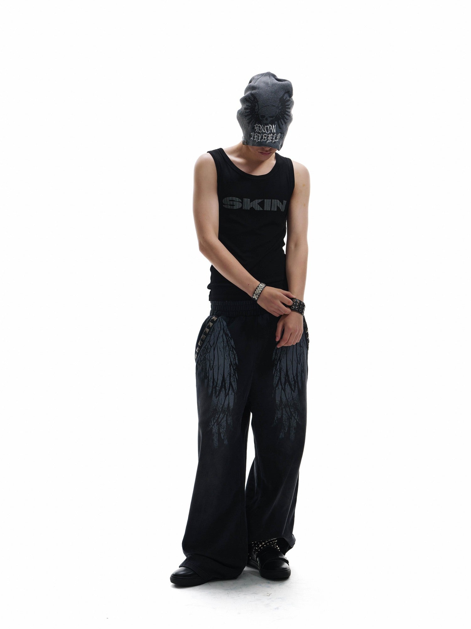 NumbAsia Broken Wings Wing Print Studded Washed Distressed Women's Cotton Sweatpants