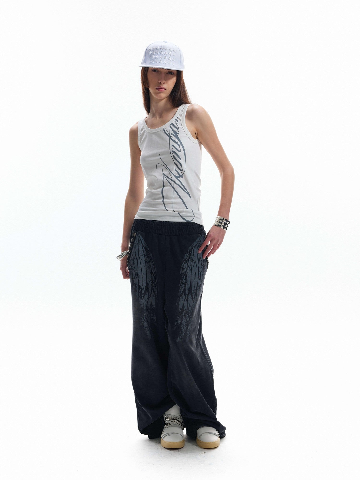 NumbAsia Broken Wings Wing Print Studded Washed Distressed Women's Cotton Sweatpants