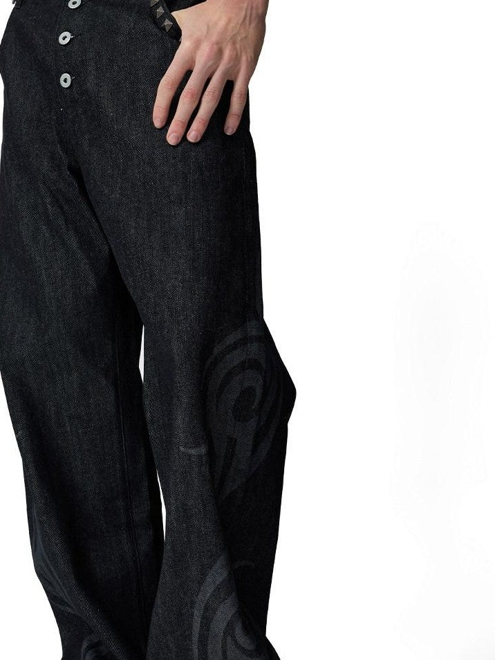 NumbAsia Burnout Totem Rivet Button Fly Five Pocket Women's 13oz Raw Denim Wide-leg Jeans