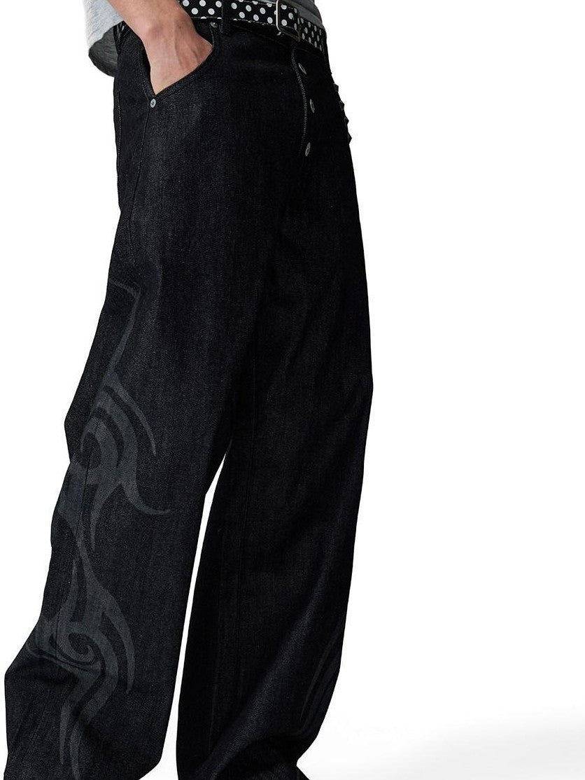 NumbAsia Burnout Totem Rivet Button Fly Five Pocket Women's 13oz Raw Denim Wide-leg Jeans