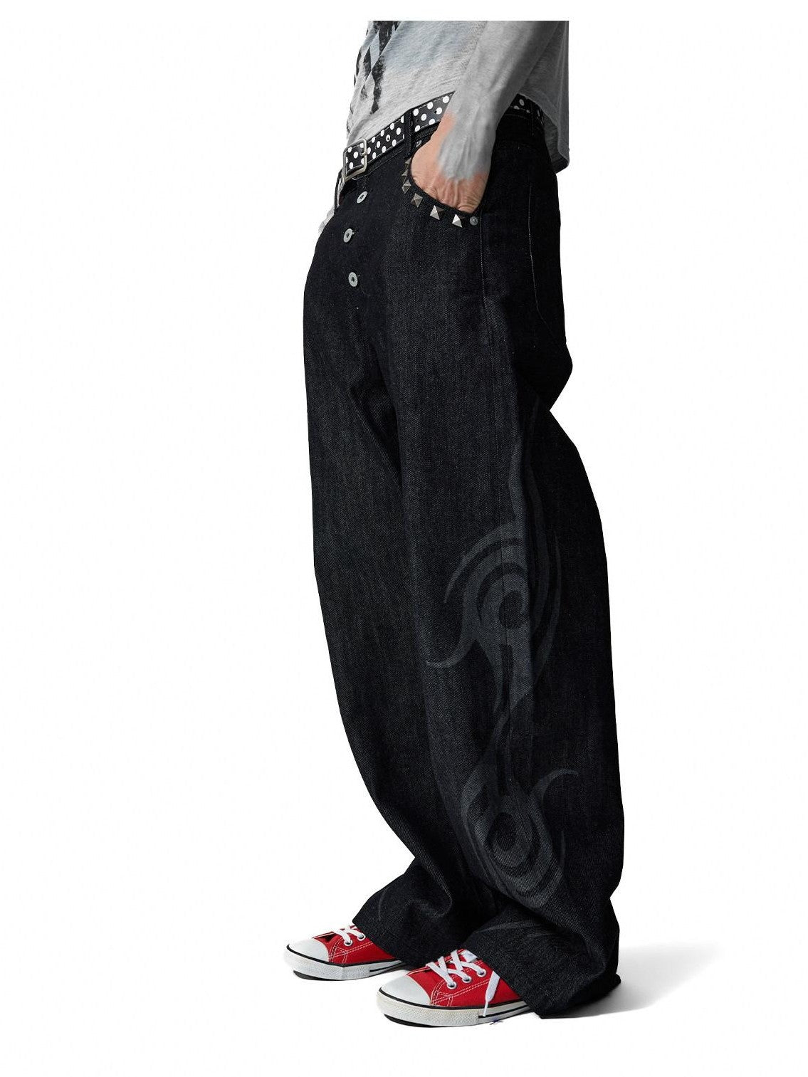 NumbAsia Burnout Totem Rivet Button Fly Five Pocket Women's 13oz Raw Denim Wide-leg Jeans