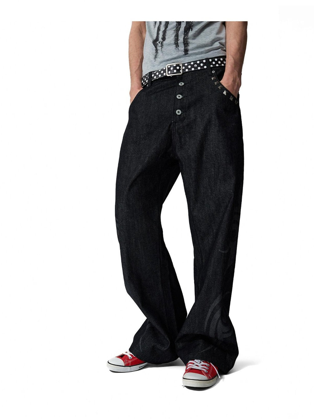 NumbAsia Burnout Totem Rivet Button Fly Five Pocket Women's 13oz Raw Denim Wide-leg Jeans
