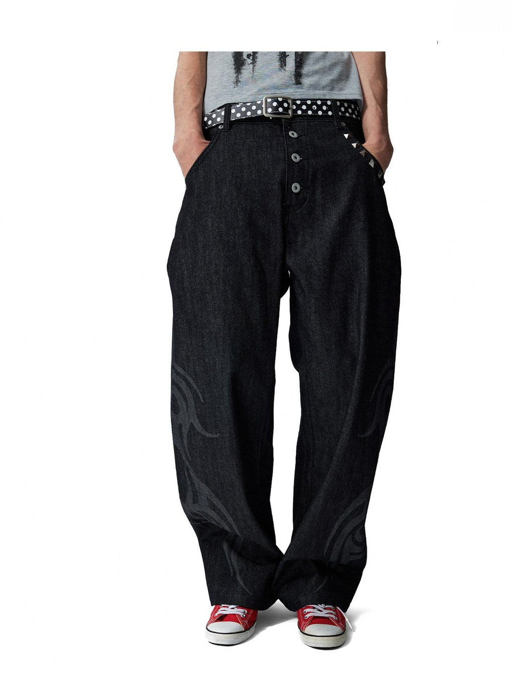NumbAsia Burnout Totem Rivet Button Fly Five Pocket Women's 13oz Raw Denim Wide-leg Jeans