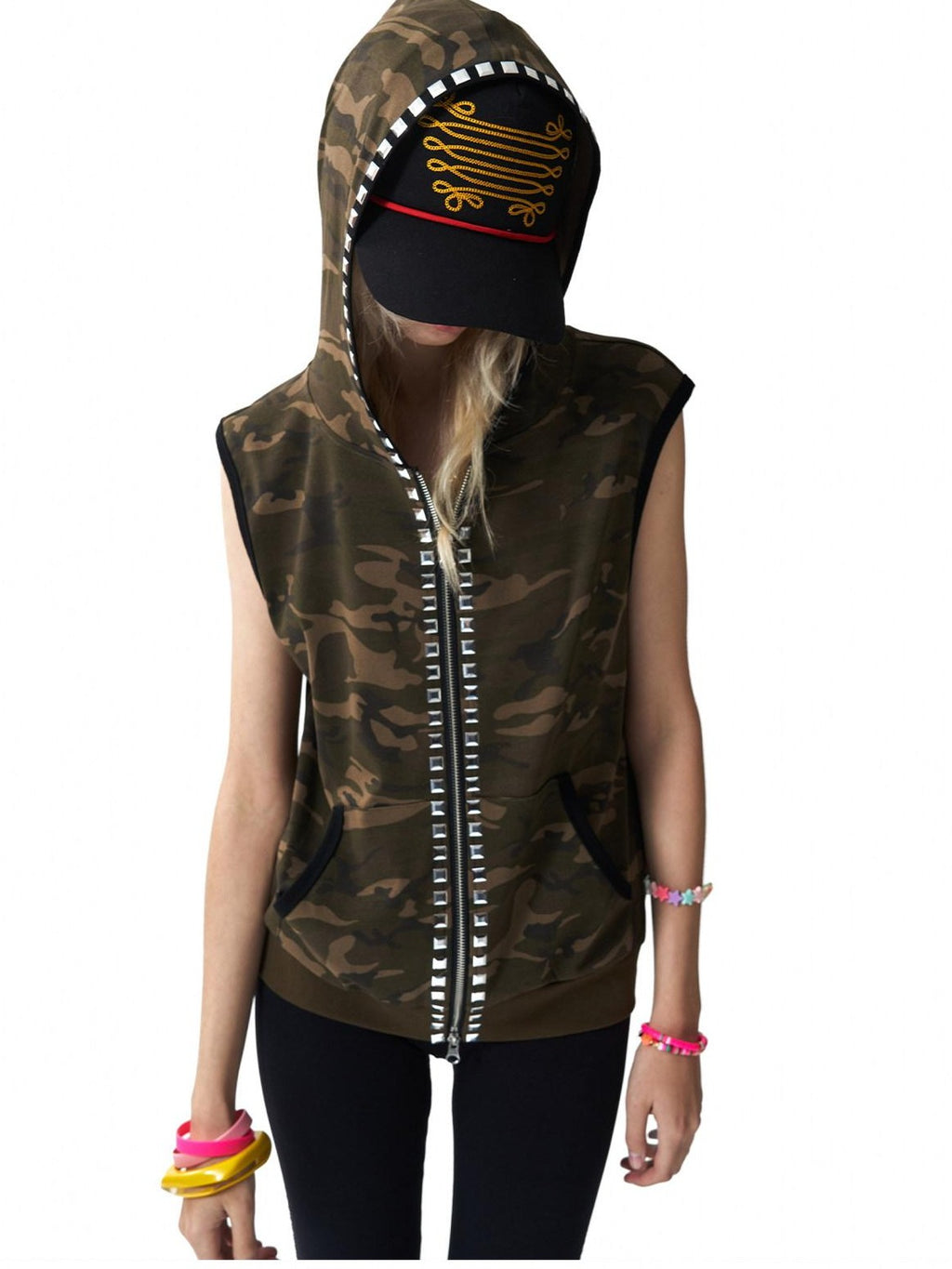 NumbAsia Camouflage Rivet Rhinestone Hooded Black Contrast Women's Cotton Tank Tops