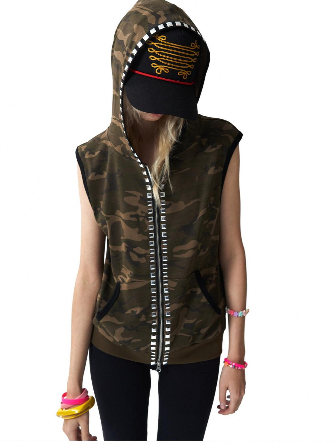 NumbAsia Camouflage Rivet Rhinestone Hooded Black Contrast Women's Cotton Tank Tops