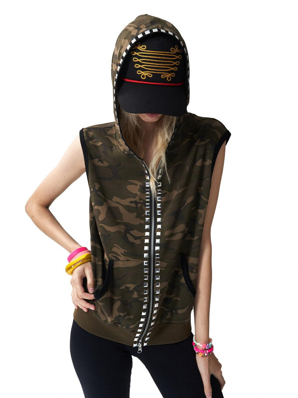 NumbAsia Camouflage Rivet Rhinestone Hooded Black Contrast Women's Cotton Tank Tops