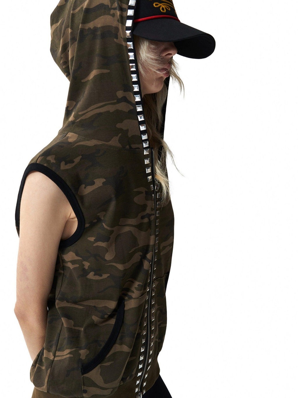 NumbAsia Camouflage Rivet Rhinestone Hooded Black Contrast Women's Cotton Tank Tops