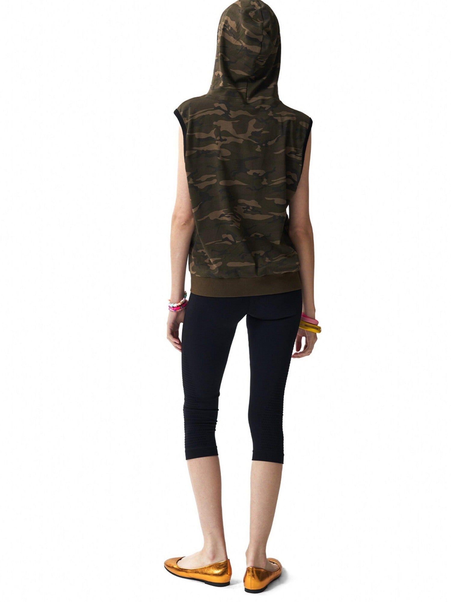 NumbAsia Camouflage Rivet Rhinestone Hooded Black Contrast Women's Cotton Tank Tops