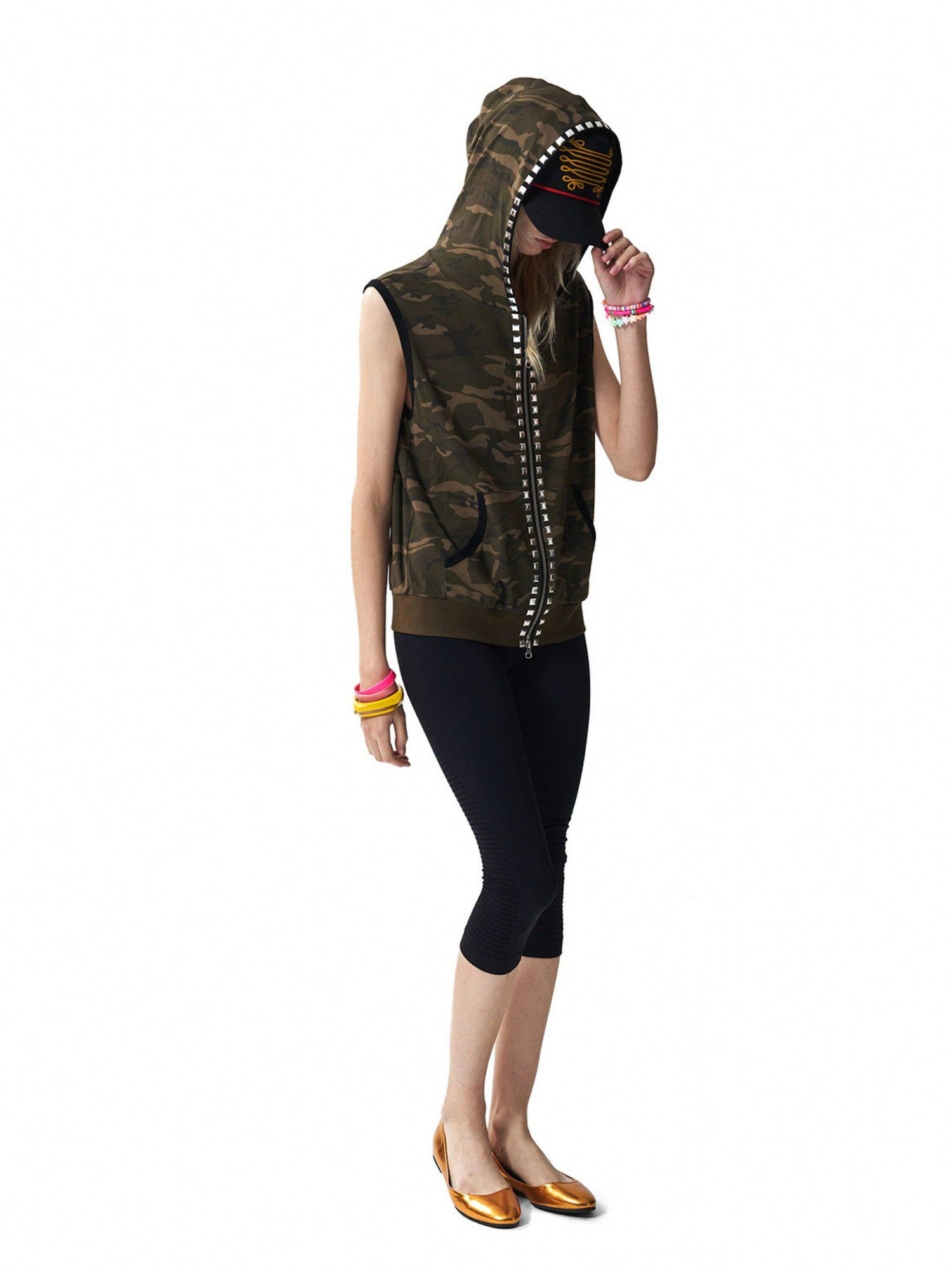 NumbAsia Camouflage Rivet Rhinestone Hooded Black Contrast Women's Cotton Tank Tops