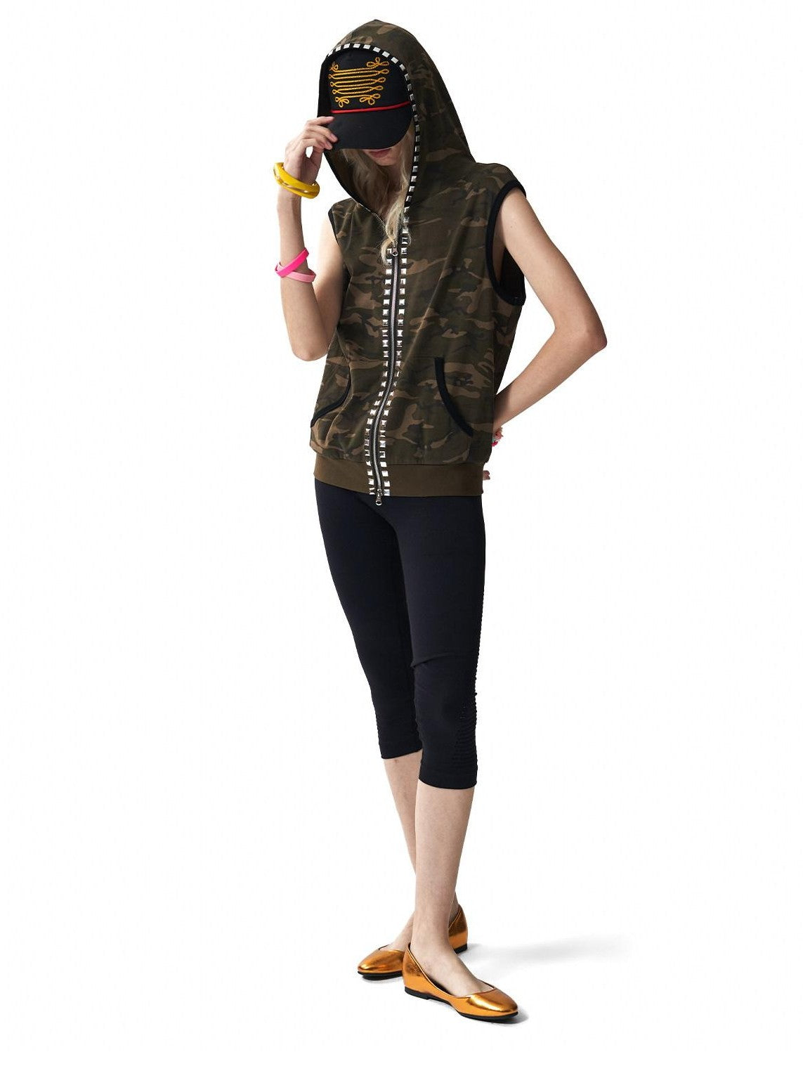 NumbAsia Camouflage Rivet Rhinestone Hooded Black Contrast Women's Cotton Tank Tops